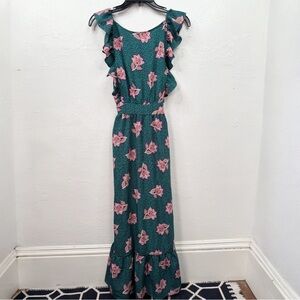 Spirit of Grace Maxi Dress  Size S Teal Green Pink Floral Boho Ruffle Tie Belt